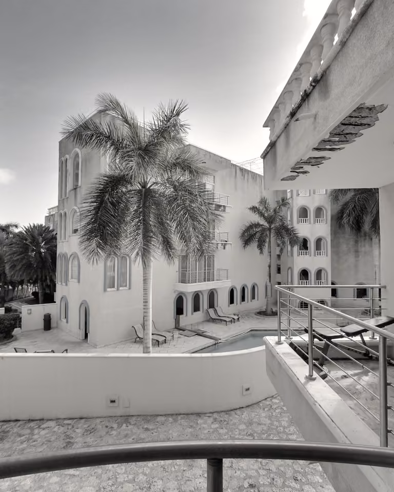 The arched terrace at IFM, looking over the courtyard below.
